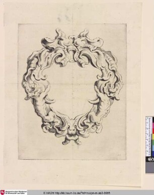 [Kartusche mit Tiermasken und mit dem Ornament verschmelzenden Satyrn; Cartouche met kwabornament met twee saters]