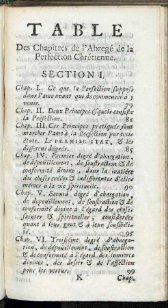 Table Des Chapitres de l'Abregé de la Perfection Chrétienne.
