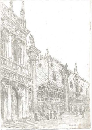 Wach, Hugo; Venedig (Italien); "Zeichnerisches Porträt der Lagunenstadt" bzw. "ein architektonisches Porträt in Lithographien" Vorzeichnungen - La Zecca, dt. die alte Münze, heute Biblioteca Marciana, dt. Markusbibliothek (Perspektive)