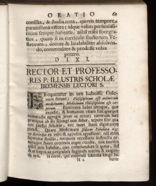 Rector Et Professores P. Illustris Scholæ Bremensis Lectori S. -