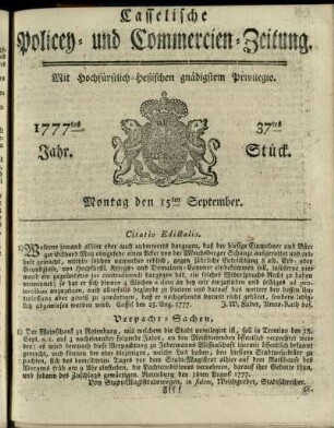 37tes Stueck, Montag den 15ten September 1777