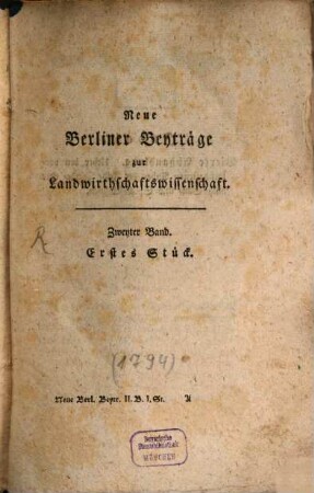 Neue Berliner Beyträge zur Landwirthschaftswissenschaft. 2,1/6, 2,1/6. 1794