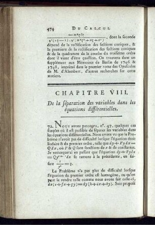 Chapitre VIII. De la séparation des variables dans les équations différentielles.