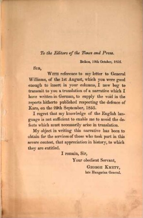 A narrative of the defence of Kars on the 29th September 1855 : Translated from the German