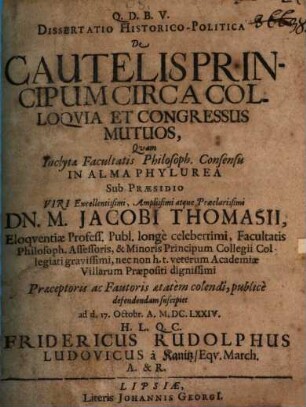 Diss. de cautelis principum circa colloquia et congressus mutuos