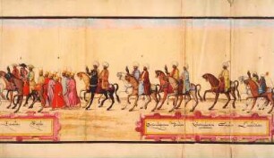 Kaiserliche Jagdgesellschaft, Türhüter, Falkner, der vornehme Stand, Zwerge. Blatt 7 der Bilderfolge über die Gebräuche der Türken von Zacharias Wehme, 1581-1582 (Kopie eines zeitgenöss. Originals aus Konstantinopel). Tusche, Wasser- und Deckfarben, z. T. silber- und goldgehöht; 32,1 x 181,4 cm. Dresden: SLUB Mscr.Dresd.J.2.a