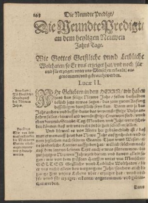 Die Neundte Predigt/ an dem heyligen Neuwen Jahrs Tage. Wie Gottes Geistliche unnd Leibliche Wolthaten/ so Er uns erzeiget hat/ und noch für und für erzeiget/ unter uns Menschen erkundt/ angenommen/ und gebraucht werden. Lucae II.
