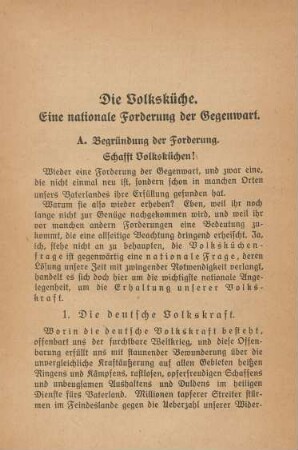 A. Begründung der Forderung. Schafft Volksküchen!