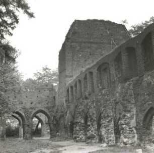 Greifswald-Eldena. Ruine der Klosterkirche St. Maria. Langhausarkaden und Südquerhausflügel von Südwesten