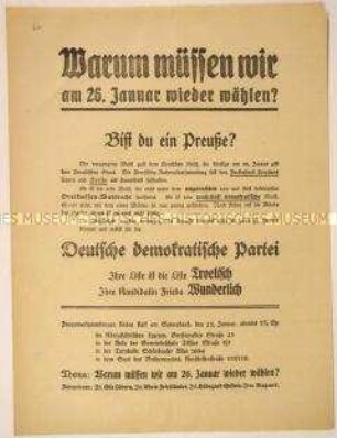 Einladung zur Frauenversammlung mit Reden zum Titelthema und Wahlaufruf der Deutschen Demokratischen Partei zur Unterstützung der Liste Troeltsch/Wunderlich