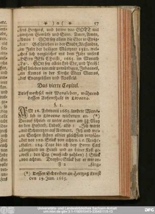 Das vierte Capitel. Briefwechsel mit Wansleben, während dessen Aufenthalt in Livorno.