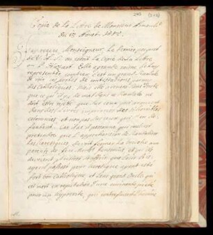 Copie de la Lettre de Monsieur Arnauld du 13 Aoust 1685.