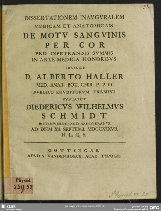 Dissertationem Inauguralem Medicam Et Anatomicam De Motu Sanguinis Per Cor