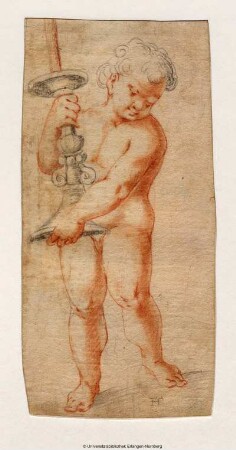 Schreitender nackter Putto, der mit beiden Händen zu seiner Rechten einen Leuchter trägt