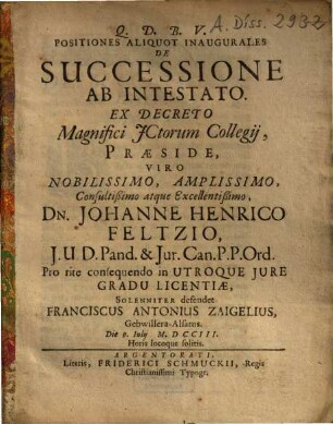 Positiones Aliquot Inaugurales De Successione Ab Intestato
