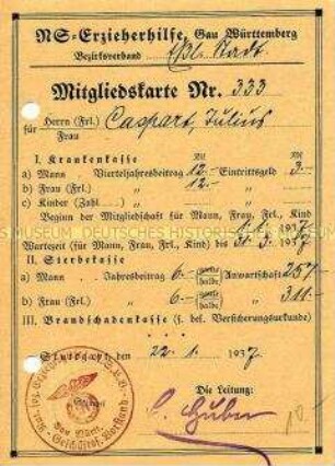 Mitgliedskarte der NS-Erzieherhilfe für Julius Caspart