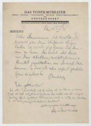 Brief von Erich Buchholz und Günther Herkt an Raoul Hausmann. Berlin