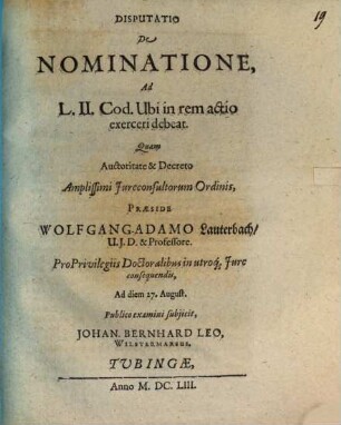 Disputatio De Nominatione : Ad L.II. Cod. Ubi in rem actio exerceri debeat