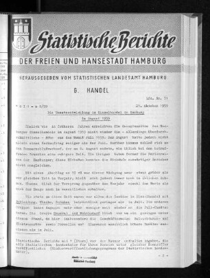 Die Umsatzentwicklung im Einzelhandel in Hamburg im August 1959 : Lfd. Nr. 31