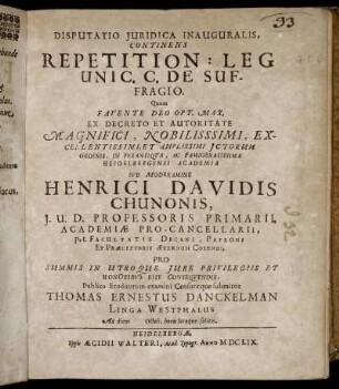 Disputatio Iuridica Inauguralis, Continens Repetition[em] Leg Unic. C. De Suffragio