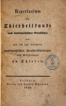 Repertorium der Thierheilkunde : nach homöopathischen Grundsätzen