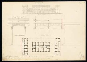 Passage, Berlin Monatskonkurrenz November 1835: Grundriss Erdgeschoss, Aufriss Straßenansicht, Teilquerschnitt, Detail: Deckenträger; 2 Maßstabsleisten, Erläuterungstext