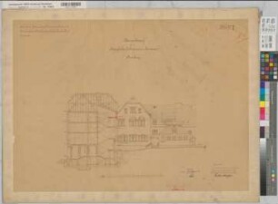 Arnsberg (Arnsberg) Lehrerinnenseminar Klassengebäude Blatt 7 Schnitt und Südansicht des Wirtschafts- und Turnhallengebäudes 1905 1 : 100 61 x 83 Gutenschwager, Kreisbauinspektor Staatshochbauamt Arnsberg