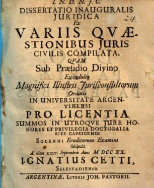 Diss. inaug. ... de variis quaestionibus iuris civ. compilata