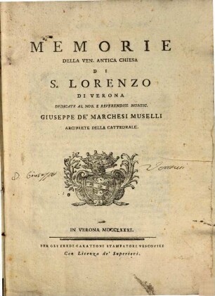 Memorie della ven. antica chiesa di S. Lorenzo di Verona