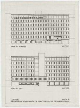 Beschränkter Wettbewerb Erweiterung der Grundkreditbank (nicht realisiert) – Ansichten Hof- und Straßenseite. Berlin-Schöneberg, Nürnberger Straße 68-69