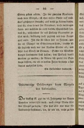 Anderweitige Erfahrungen beym Mergeln des Ackerlandes