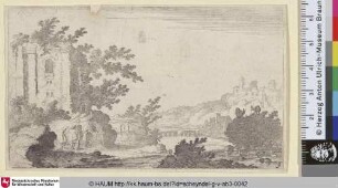 [Ruinen links eines Flusses in hügeliger Landschaft; Ruins to left of a River in hilly Country]