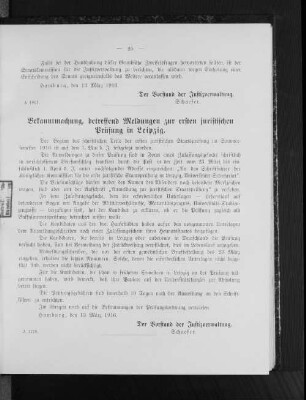 Bekanntmachung, betreffend Meldungen zur ersten juristischen Prüfung in Leipzig
