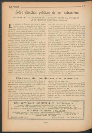 Sobre derechos políticos de los extranjeros : Opinión de "Le Courrier De La Plata" sobre la encuesta del "Centro Cultural Latium"