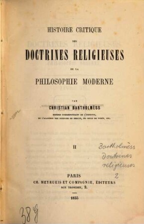 Histoire critique des doctrines religieuses de la philosophie moderne, 2