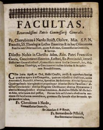Facultas, Reverendissimi Patris Commissarii Gener alis