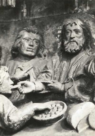 Naumburg. Dom St. Peter und Paul, Westlettner (1250-1270), linker Fries. Abendmahl. Detail: Christus reicht Judas den Bissen