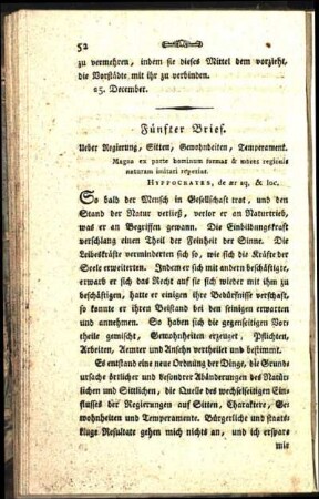 Fünfter Brief. Ueber Regierung, Sitten, Gewohnheiten, Temperament.