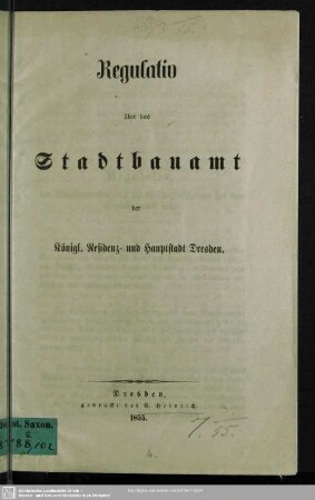 Regulativ über das Stadtbauamt der Königl. Residenz- und Hauptstadt Dresden