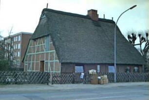 Hoisbüttel: traufständiges Bauernhaus mit Reetdach: Giebel ehemaliger Wirtschaftstrakt nach Umbau, mit Eingangstür