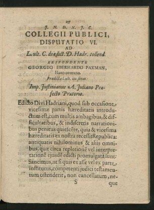 Disputatio VI. Respondente Georgio Eberhardo Paxman