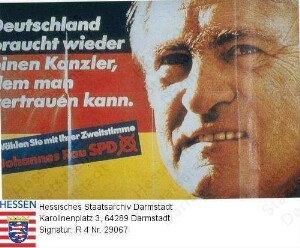Deutschland (Bundesrepublik), 1987 Januar 15 / Wahlplakat der SPD (Sozialdeomokratische Partei Deutschlands) zur Bundestagswahl am 15. Januar 1987 / Text mit Porträtfoto von Kanzlerkandidat Johannes Rau (*)