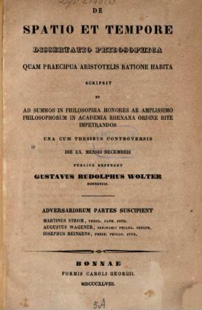 De spatio et tempore : quam praecipua Aristotelis ratione habita