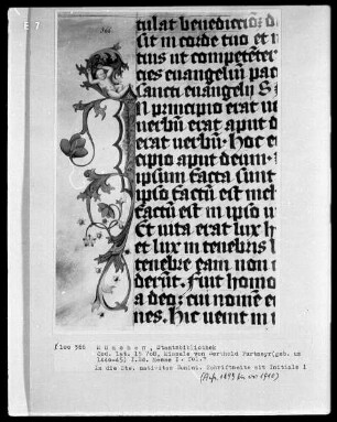 Fünfbändiges Missale von Berthold Furtmeyr — Erster Band — Initiale J, darin ein kleines Kind in einer Blattranke, Folio 8verso