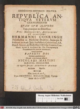 Exercitatio Historico Politica De Republica Antiqua Veterum Germanorum