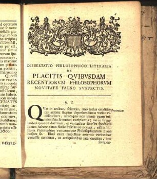 Dissertatio Philosophico Literaria De Placitis Qvibvsdam Recentiorvm Philosophorvm Novitate Falso Svspectis.