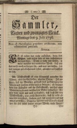 Sieben und Zwanzigstes Stück. Montags den 9. Julii 1736.