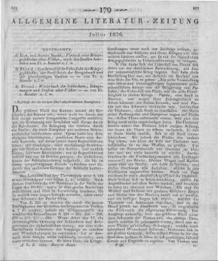 [Sammelrezension dreier geschichtlicher Schriften] (Beschluss der im vorigen Stück abgebrochenen Recension) Rezensiert werden: 1. Kausler, F. G.: Versuch einer Kriegsgeschichte aller Völker. Bd. 1. Ulm: Stettin 1825 2. Kausler, F. G.: Synchronistische Uebersicht der Kriegsgeschichte, der Fortschritte der Kriegskunst und der gleichzeitigen Quellen. Ulm: Stettin 1825 3. Kausler, F. G.: Wörterbuch der Schlachten, Belagerungen und Treffen aller Völker. Bd. 1. Ulm: Stetttin 1825