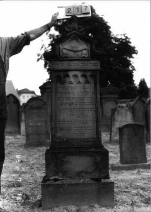 Grabstein 217 (Index: 99797681) Material: Sandstein, weiß Zustand: gut Maße HxBxT: 187x60x17 cm Beschreibung: Stele, Giebel rechteckig erhöht, getreppter Sockel Symbolik: Rundbogenfries, Schriftband: Grabstein 217