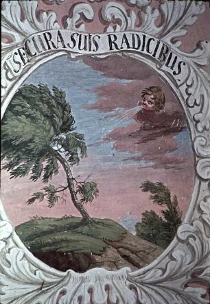Innendekoration der Schlosskapelle — Wanddekoration der Schlosskapelle — Emblematische Darstellungen in den Gewänden und Stürzen des Emporengeschosses — Baum im Wind